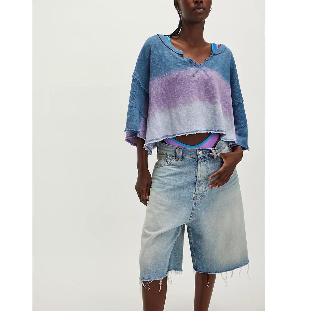 We The Free After Midnight Washed Tee Womens Medium Blue Purple Ombre Raw Hem